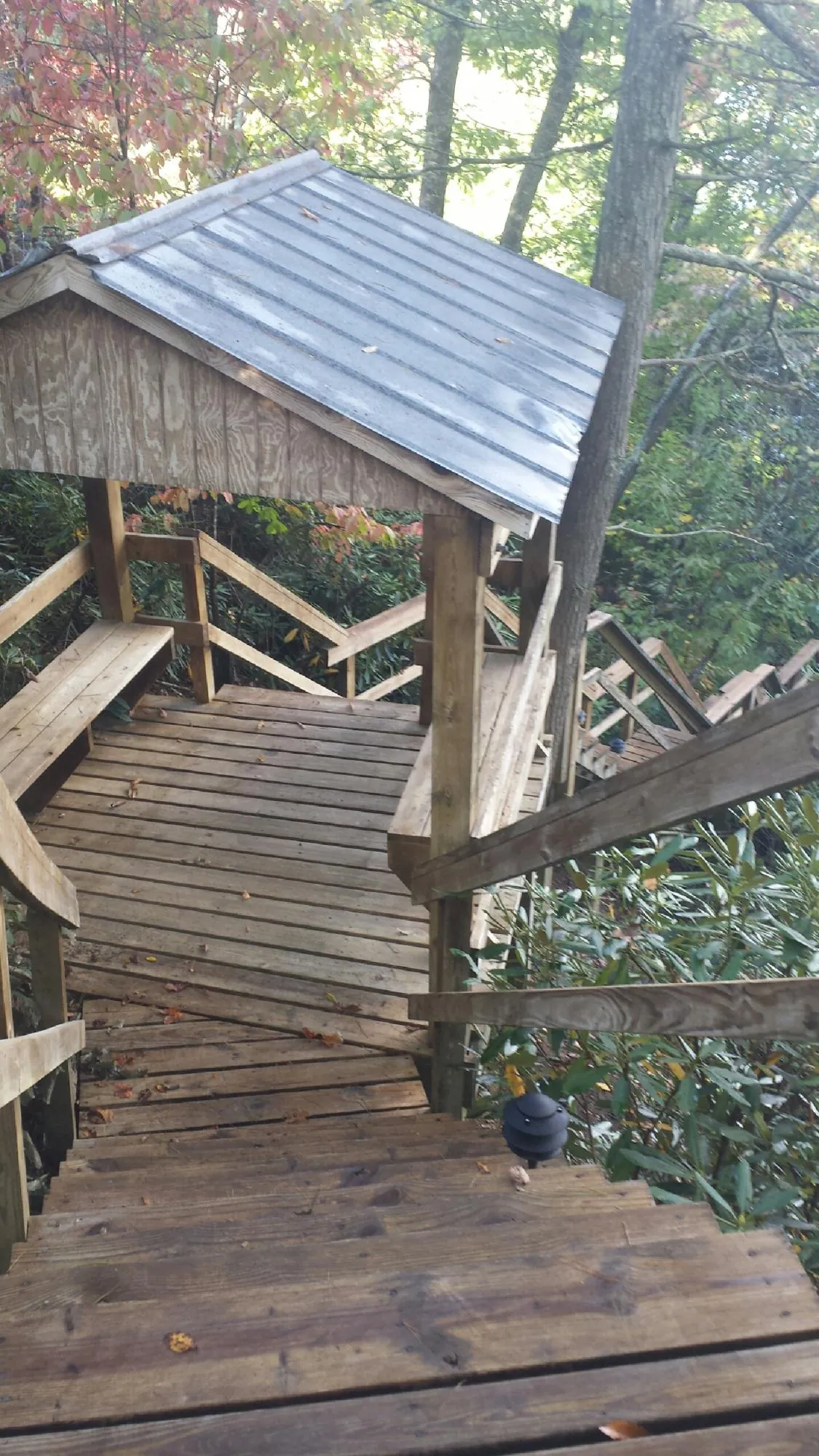 Metal roofed shelter over wooden steps on a wooded walkway — Skylight Repair & Installation work by our crew in Loyalhanna